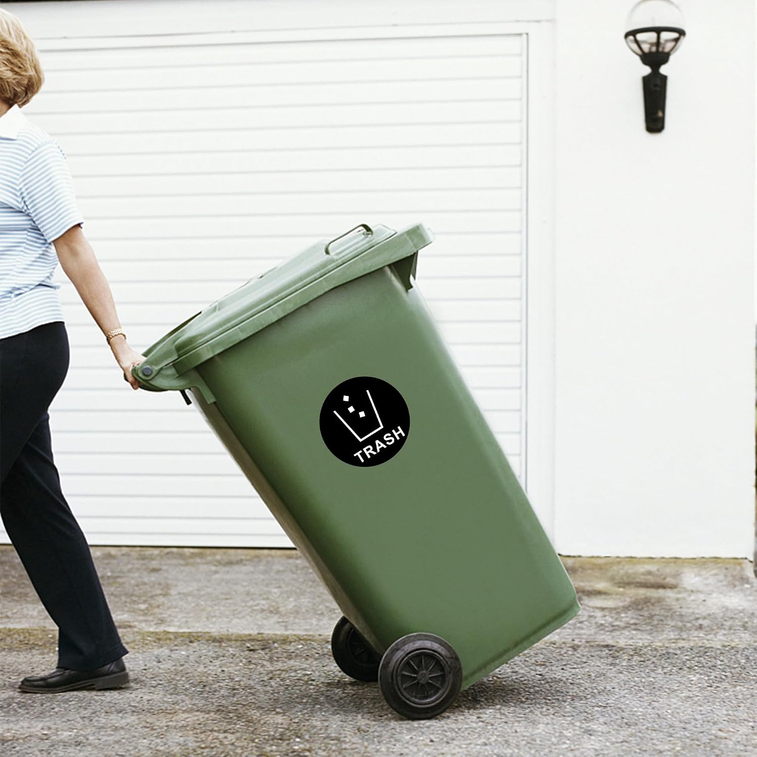 4 Inch Trash Can Stickers Large Black Background/White Text Disposal and Trash Symbol Adhesive Labels - 100 Stickers Per Roll(10 Rolls)
