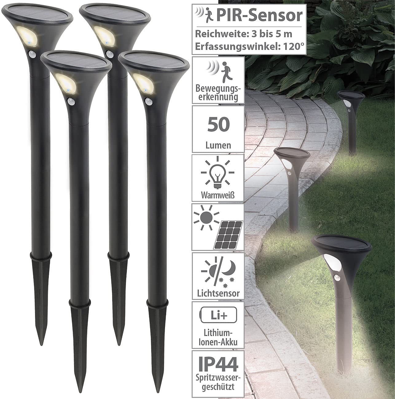 Luminea Solarleuchten Gehwege: 4er-Set Design-Solar-Wegeleuchten, Licht- & Bewegungssensor, warmweiß (Solar-Wegeleuchten Bewegungsmelder, Sensor-Gartenleuchten)