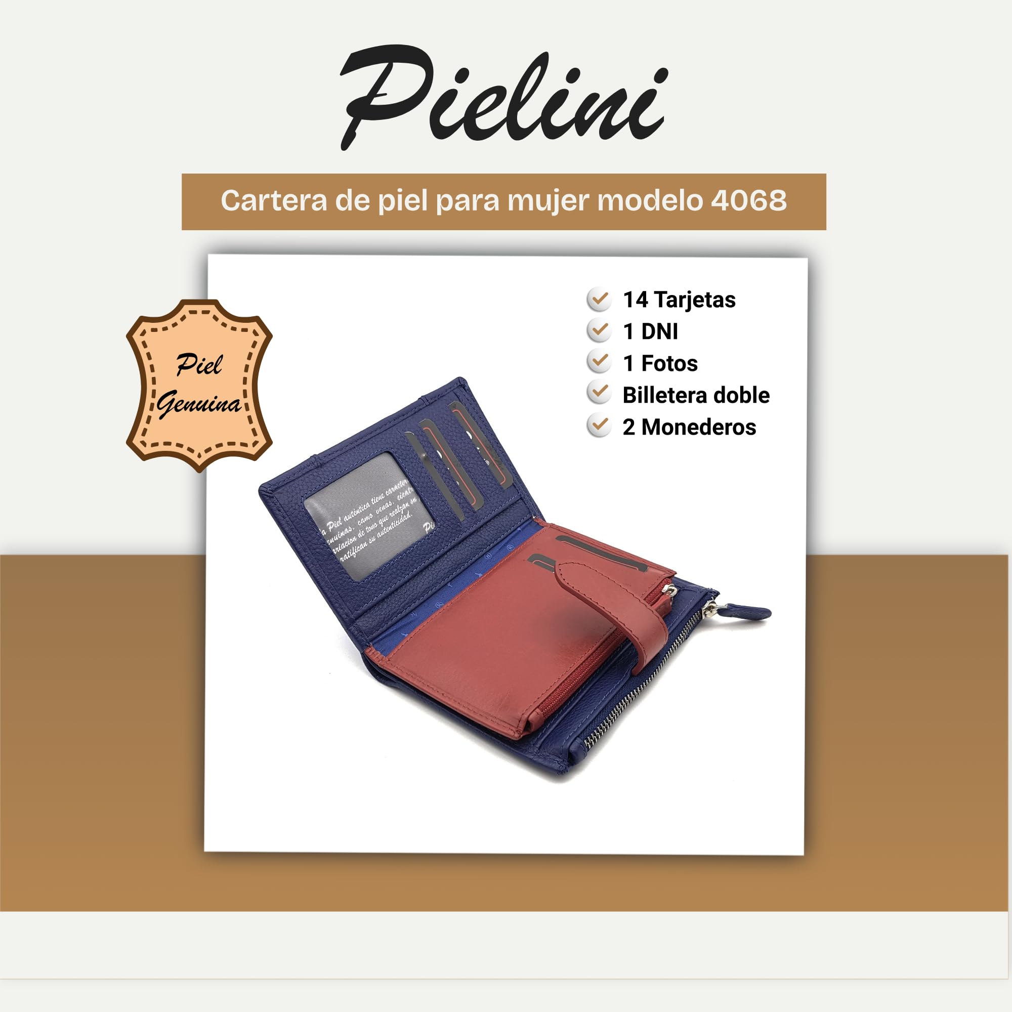 Pielini - Cartera de Piel para Mujer con Billetera y Amplio Monedero. Tarjetero de Cuero de Gran Capacidad - Cartera Cuero Modelo 4068 (Electrico)