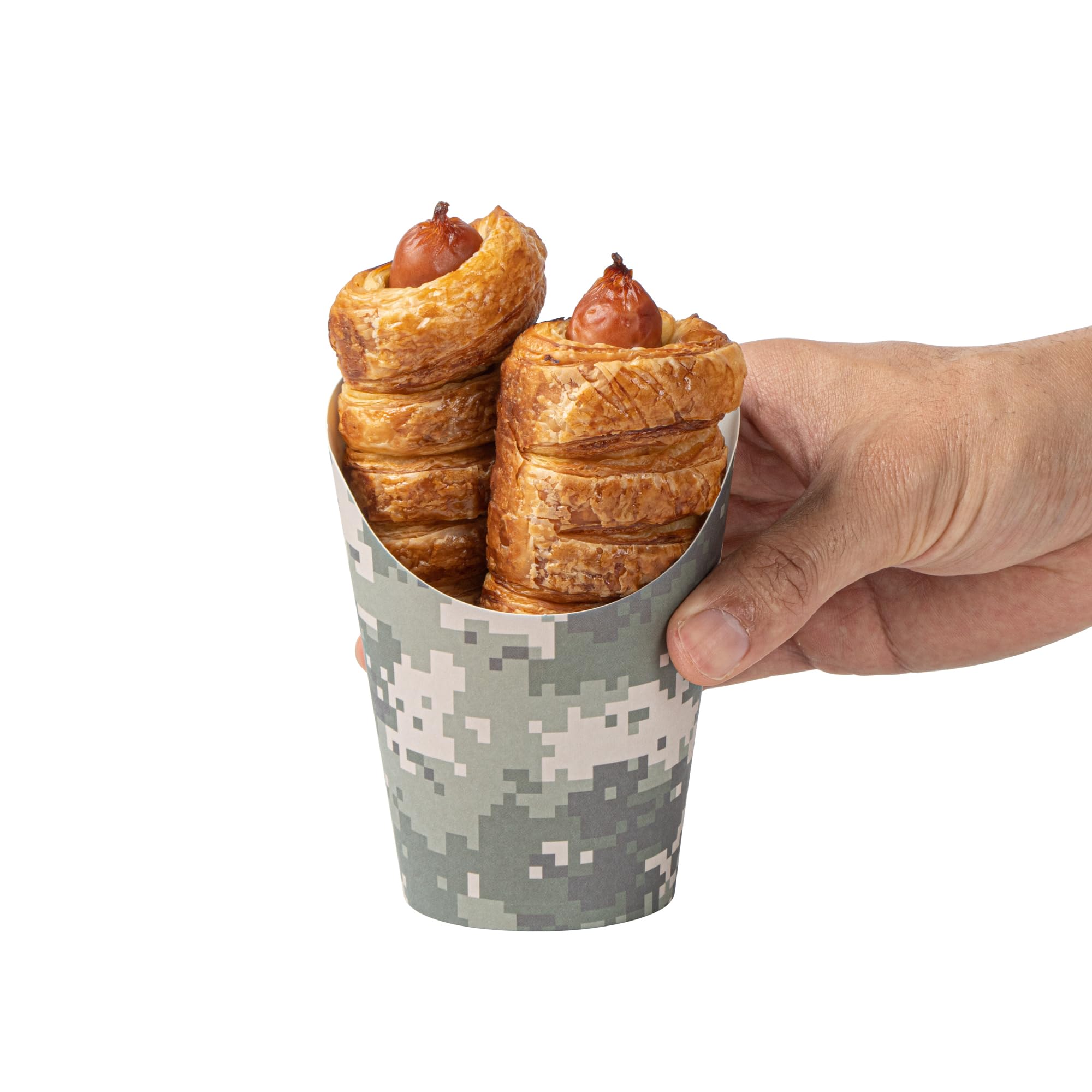 Bio Tek Contenedores de papas fritas de 12 onzas, 100 tazas desechables para embutidos – Diseño inclinado, redondos, tazas de papel de camuflaje para papas fritas, apilables, para gofres, patatas