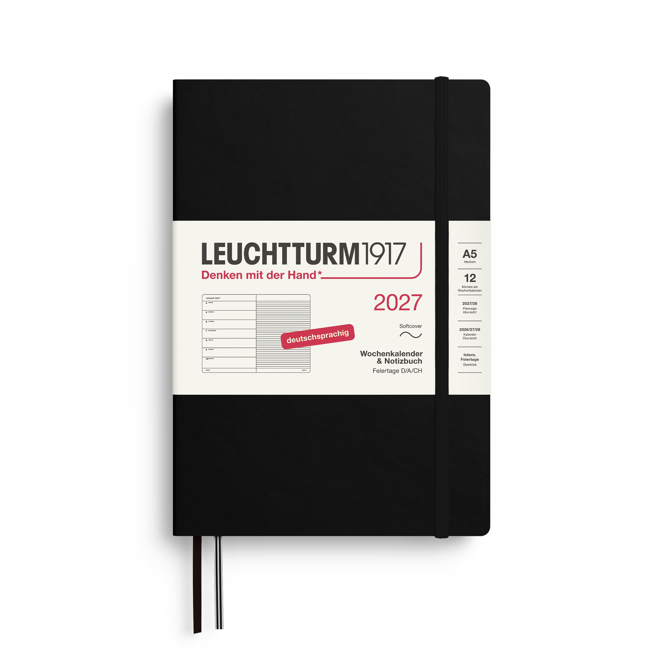 Leuchtturm1917 Weekly Planner 2027 Medium (A5) with Notebook - Schedule Planner German, Black, Softcover, January-December 2027, Weekly Overview on the Left + Note Page on the Right