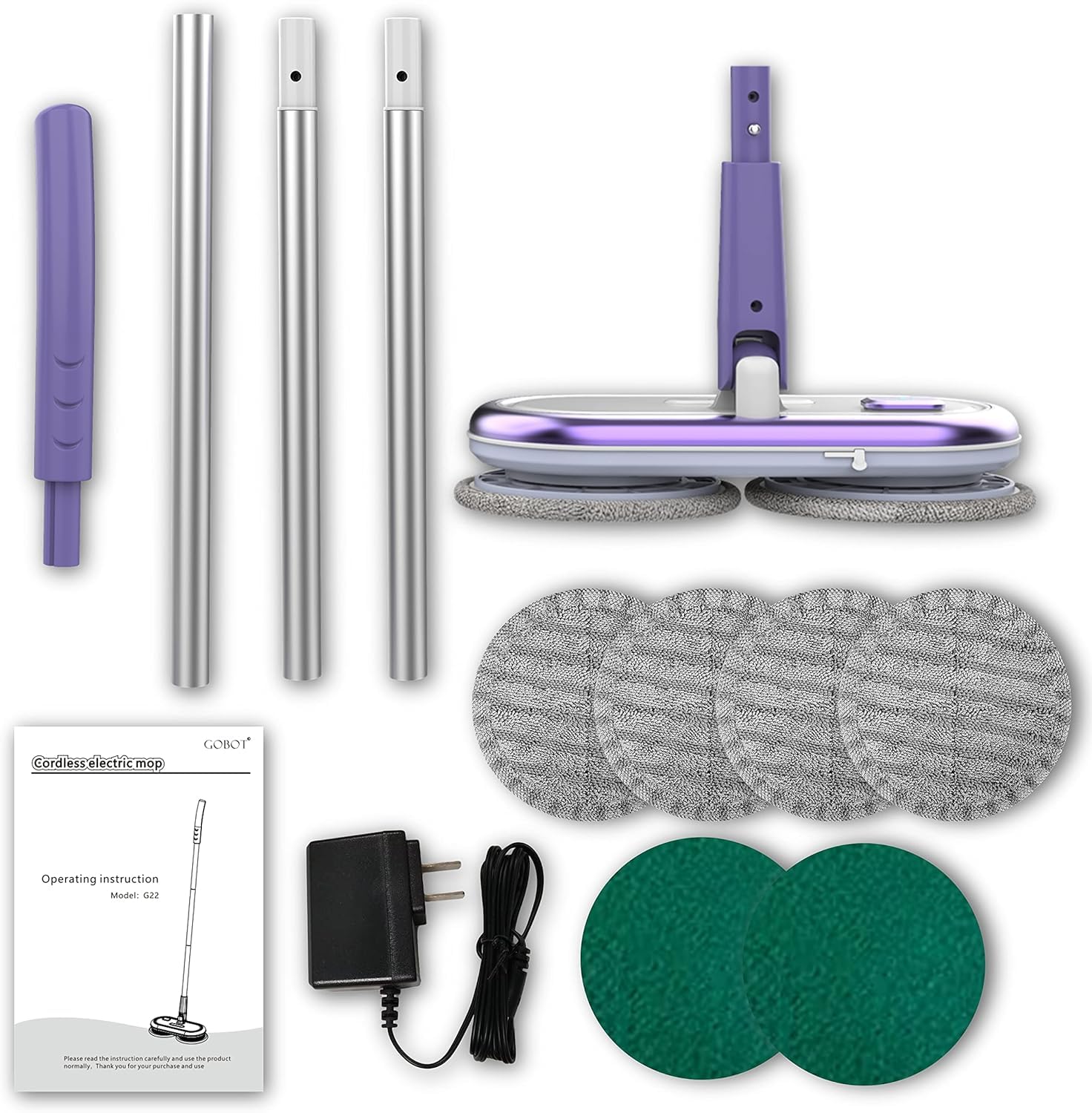 GOBOT Balai électrique pour Le Nettoyage des sols, à Double Rotation, Balai électrique sans Fil pour récureur de sols en Bois Dur et carrelage, 4 tampons en Fibre 2 tampons de Lavage