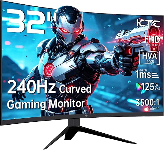 KTC 32 inch 240Hz Curved Gaming Monitor, 1500R 1080P Curved Monitor 1ms, Adaptive Sync, HDR10, 125% sRGB, HDMI 2.0 x2 & DP1.4 x1, VESA, Tilt Adjustable,Xbox PS5 Switch, Black, H32S17F
