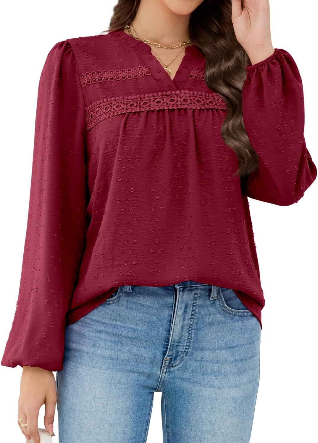 HEYTALALA Womens Fall Tops Long Sleeve Shirts Swiss Dot V Neck Pleated Tunic Dressy Casual Blouses Boho Clothing 2025 - Image 2