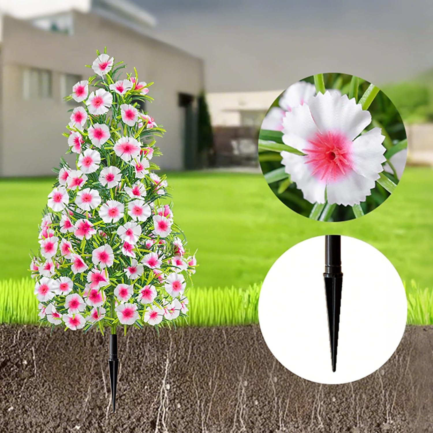 4 Pcs Artificial Topiary Ball Tree with Dianthus Flowers, 20 in Cone-Shaped Faux Floral Shrub Plants with Ground Stakes – UV Resistant Fake Flower Bushes for Outdoor Garden, Porch (Hot Pink)