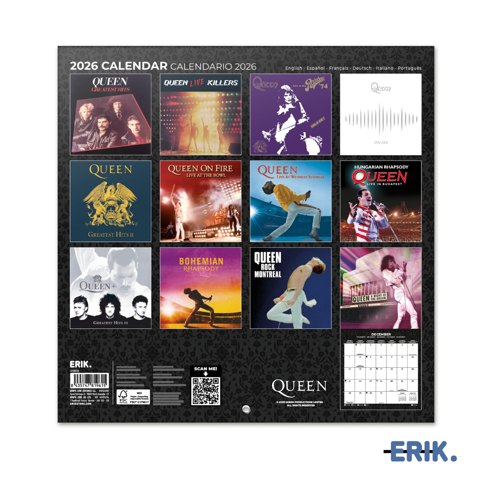 Grupo Erik Wall Calendar 2026 - Queen Calendar 2026 | Square 30 x 30 cm - 12 x 12 inches Wall Planner, Family Planner Month To View | Queen Merchandise Band Gifts For Friends