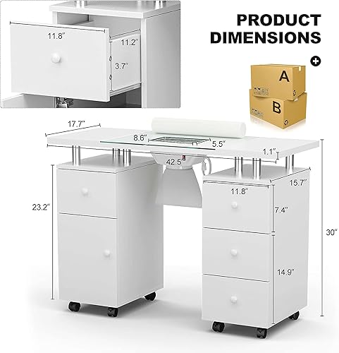Miniatura 9 de Mesa de manicura, estación de mesa de escritorio de uñas con parte superior de vidrio para tecnología de uñas con ventilación eléctrica de corriente