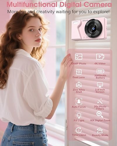 Miniatura 3 de Cámara digital con lente trasera delantera, cámara de enfoque automático de 64 MP 4K para fotografía con tarjeta de 32 GB, cámara compacta portátil