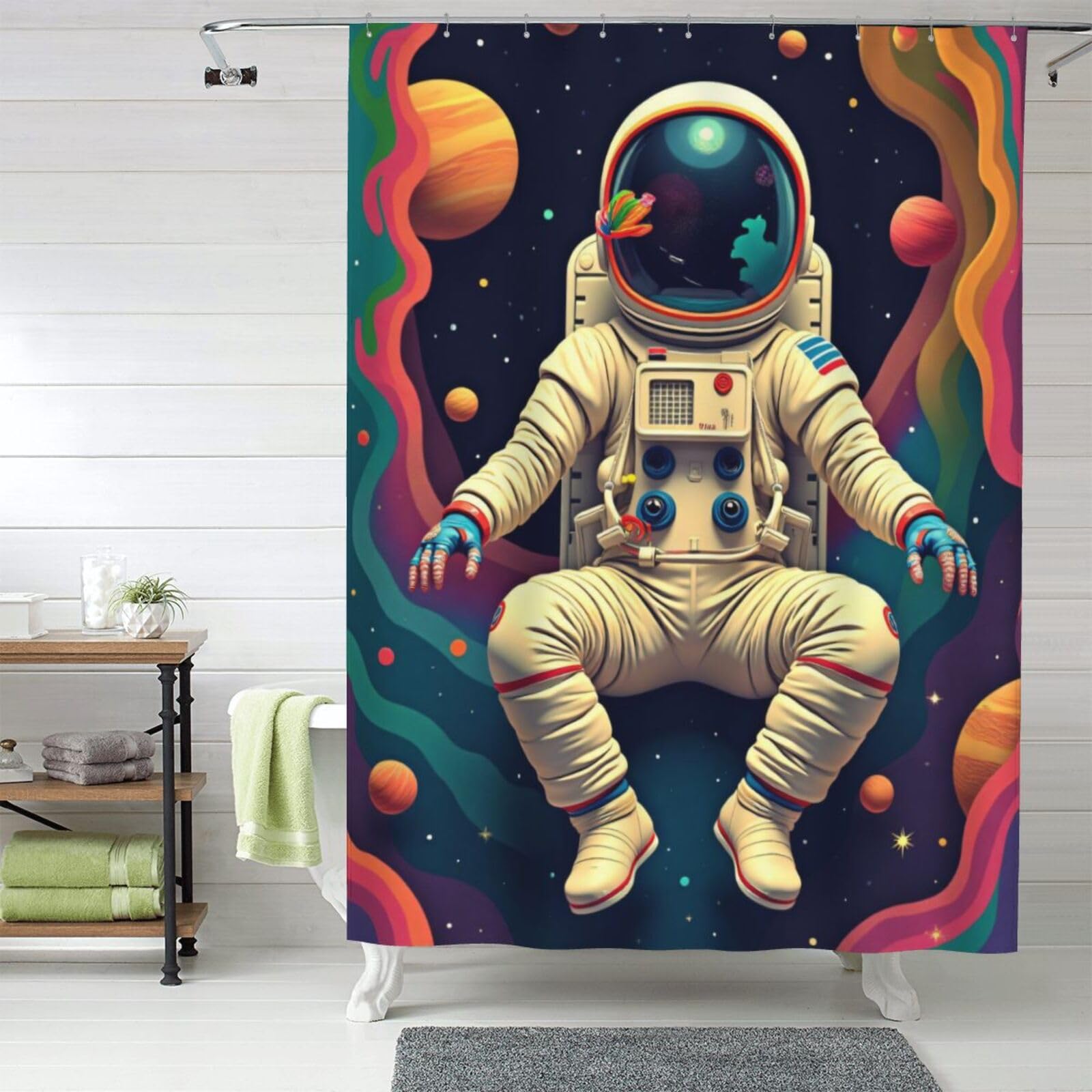 Rideau de douche anti-regard en tissu 152x183 cm motif astronaute pour stopper l'eau