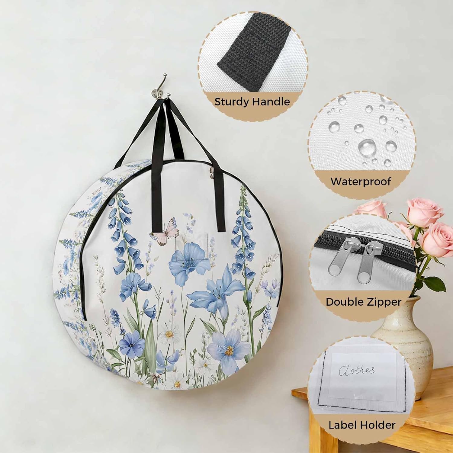 Blue Floral Round Storage Bag 36 Inch, Spring Bluebells Wildflowers Butterfly Botanical Clothes Storage Container with Handles Heavy Duty Organizer for Comforter, Bedding & Holiday Wreaths