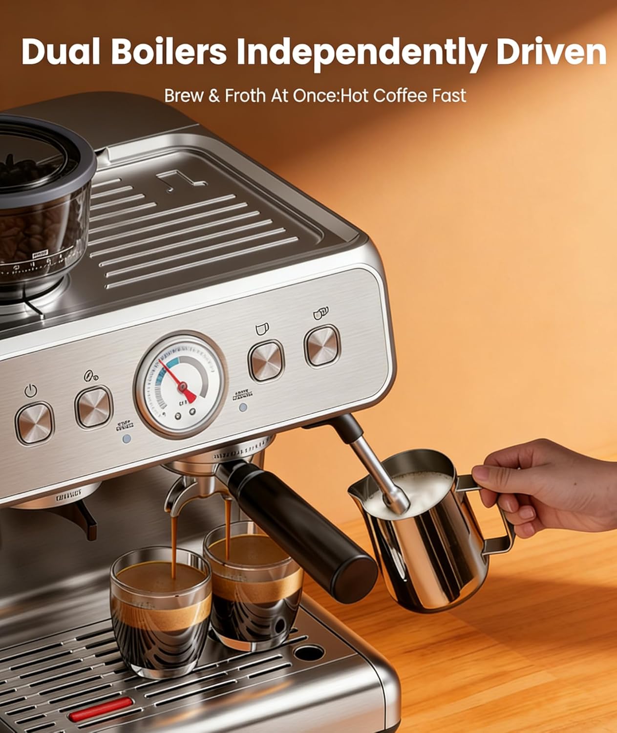 15 Bar Espresso Machine with Grinder & Milk Frother, 58mm Expresso Coffee machines, Stainless Steel Coffee Maker for Cappuccino and Latte, Perfect for Home and Café Use-Dual Boiler