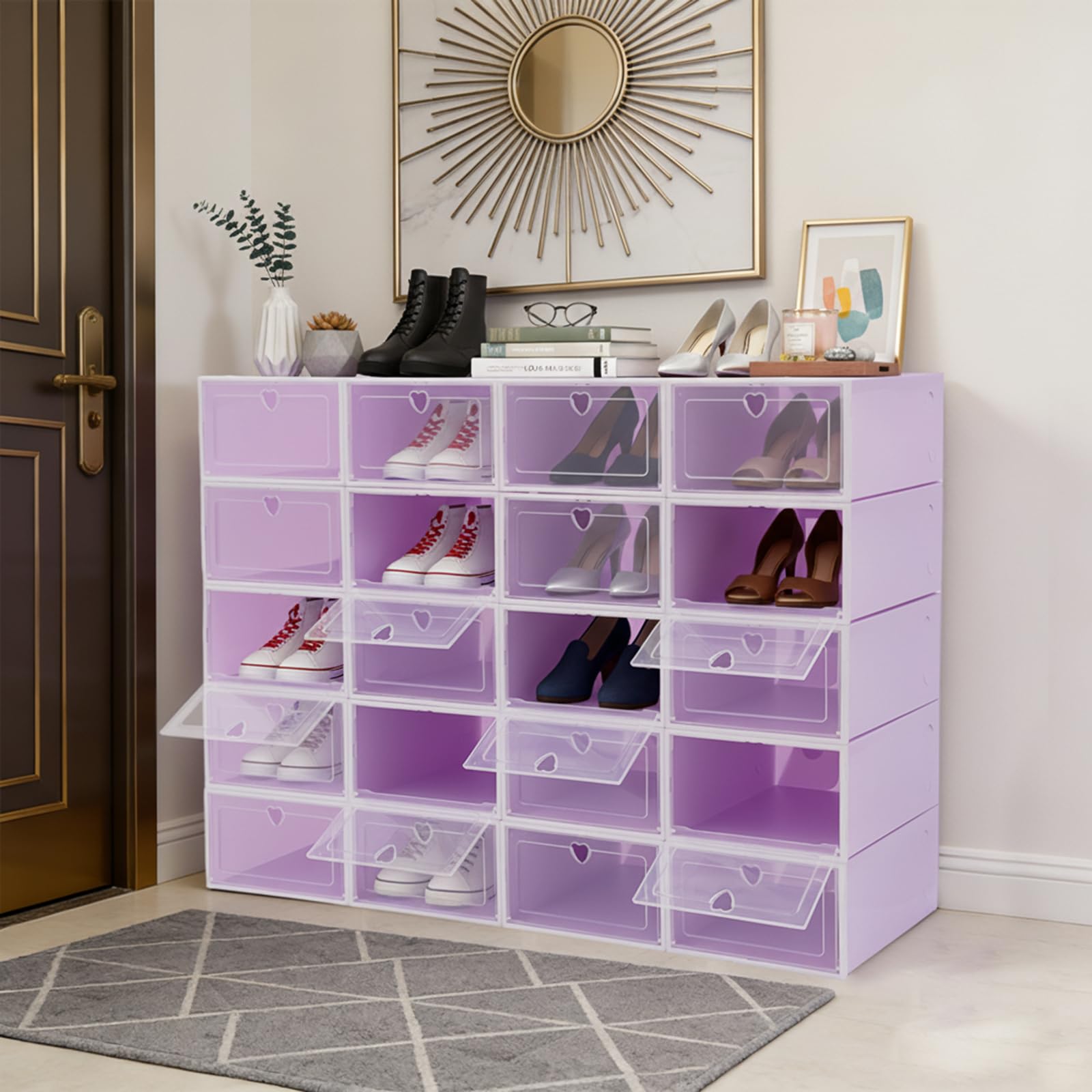 Confezione da 20 scatole per scarpe in plastica trasparente, antimacchia e traspirante, impilabili, adatte per stivaletti, scarpe sportive e décolleté (viola)