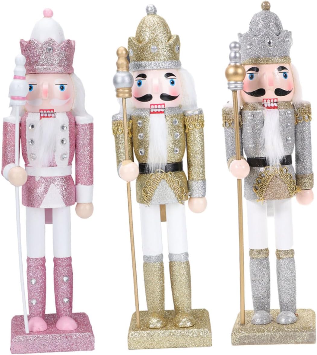 NUOBESTY 3pcs Christmas Nutcracker Soldier Figurines Small Wood Nutcracker Ornaments Glitter Silver Gold Pink Xmas Decor Holiday Party Supplies