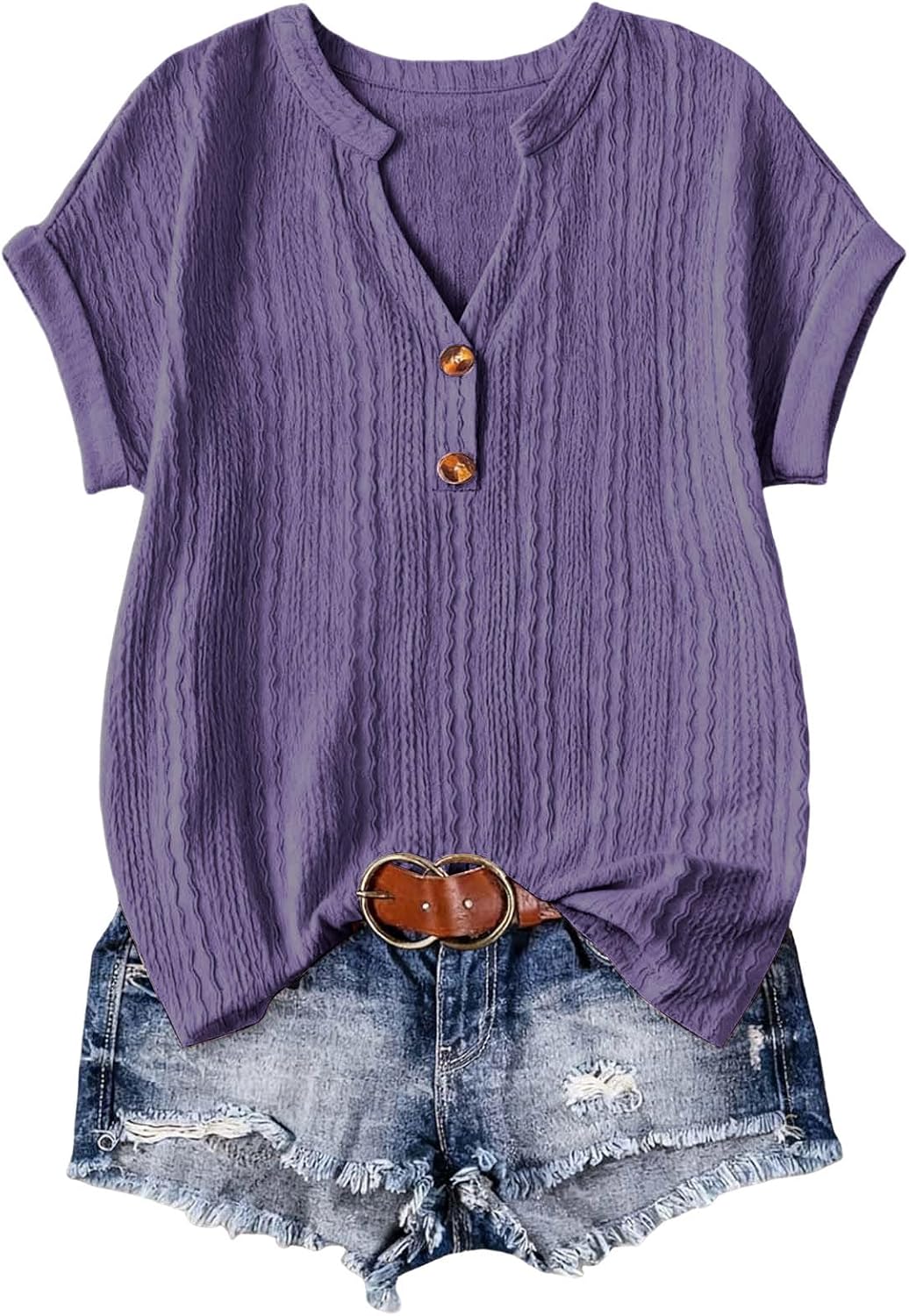Tunic for Women Texture Tops Short Sleeve Button Up Casual Loose Cozy Boho Blouses Summer Outfits 2026