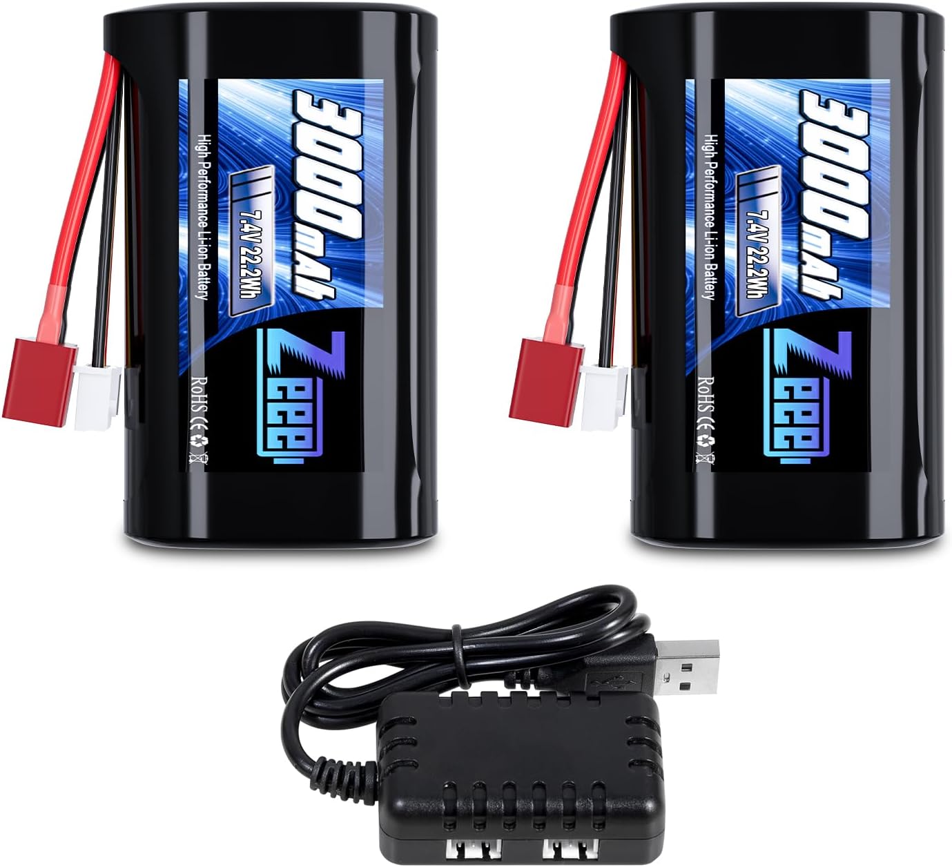 Zeee 2S Li-ion Battery 3000mAh 7.4V T Connector 2S Rechargeable Battery with 7.4V Battery Charger Compatible with 4WD High Speed RC Car 1/16 Scale RC Car Boat Trucks(2 Pack)