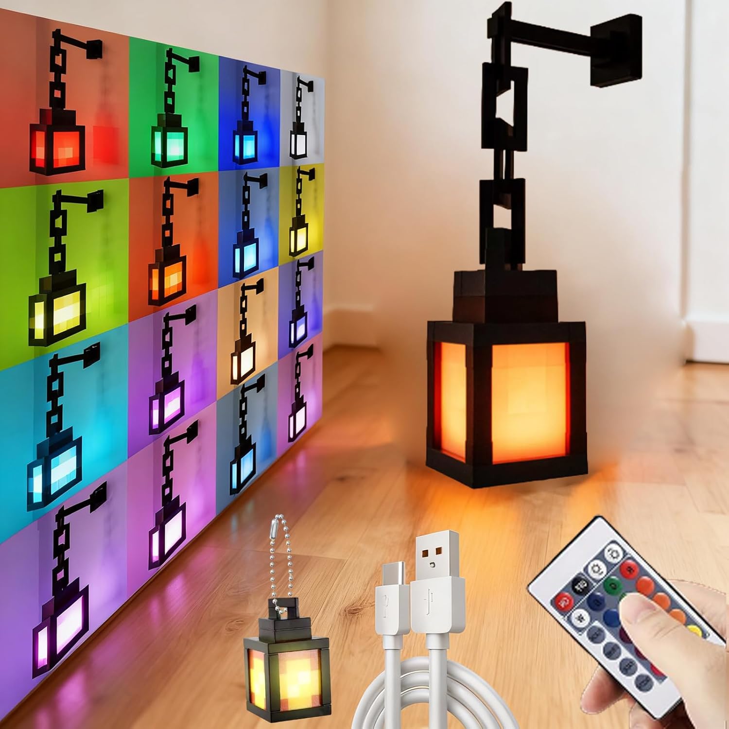 Pixelated Lantern LED Night Light, 16-Color LED Wall Mood Night Light with Touch Switch & Remote Control, Rechargeable Table & Wall Night Lamp for Bedroom, Gaming, Kids, Boys Room Decor (1PC)