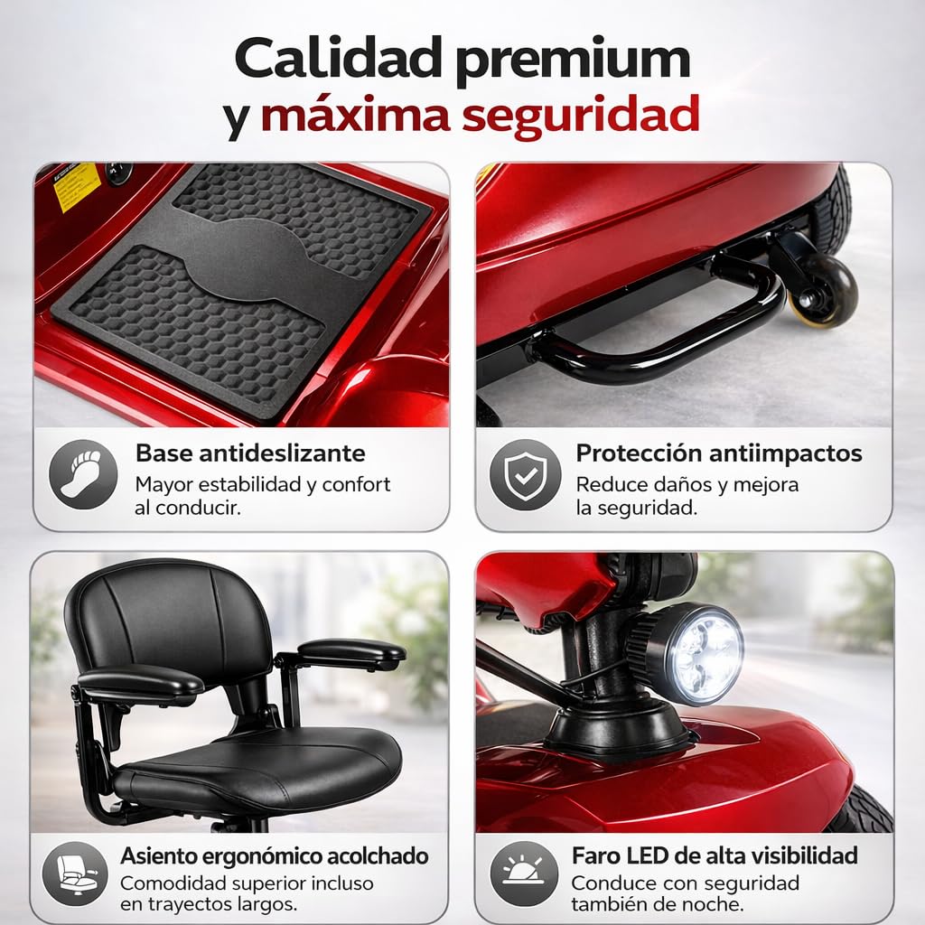 Scooter de Movilidad Eléctrico de 4 Ruedas, Plegable, para Personas Mayores y Movilidad Reducida, Autonomía de hasta 20 km, Neumáticos Antipinchazos, Rojo