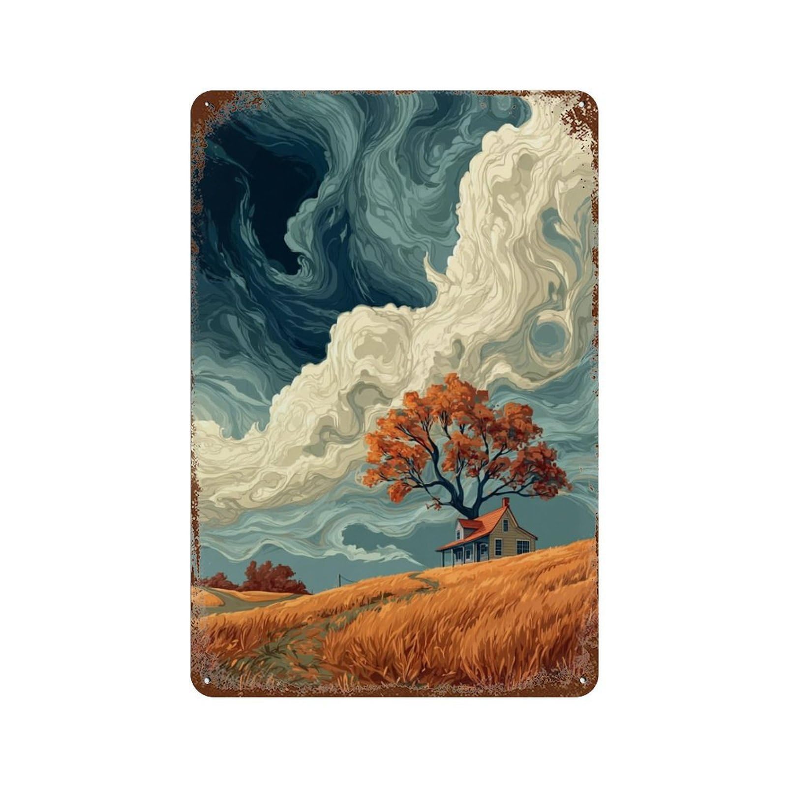 Autumn Farmhouse Scene Vintage Rust Metal Sign 11.8"x7.9", for Basement, Hobby Room And Garage Decor, Farmhouse Wall Decor