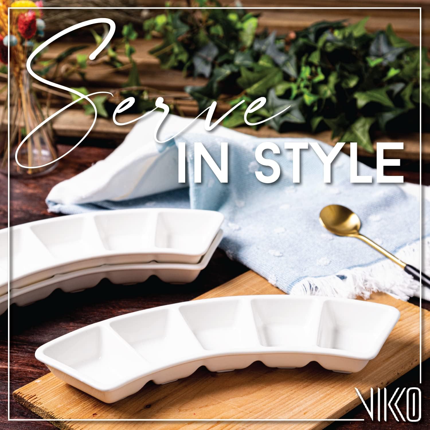 Vikko Divided Serving Tray, 5 Section Porcelain Circular Serving Party Platter, Pack of 4, 10 Inch Small White Serving Dish for Entertaining, Condiments, Candies, Charcuterie, Snack