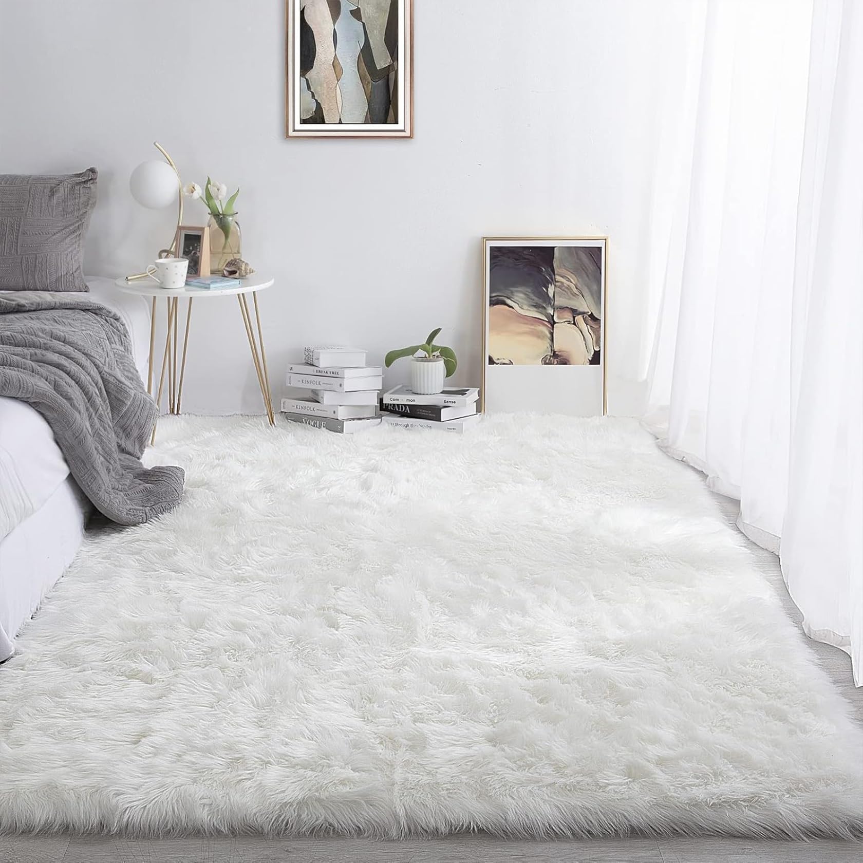 Tapis poil ras salon 200 x 260 cm, grand tapis blanc sur mesure