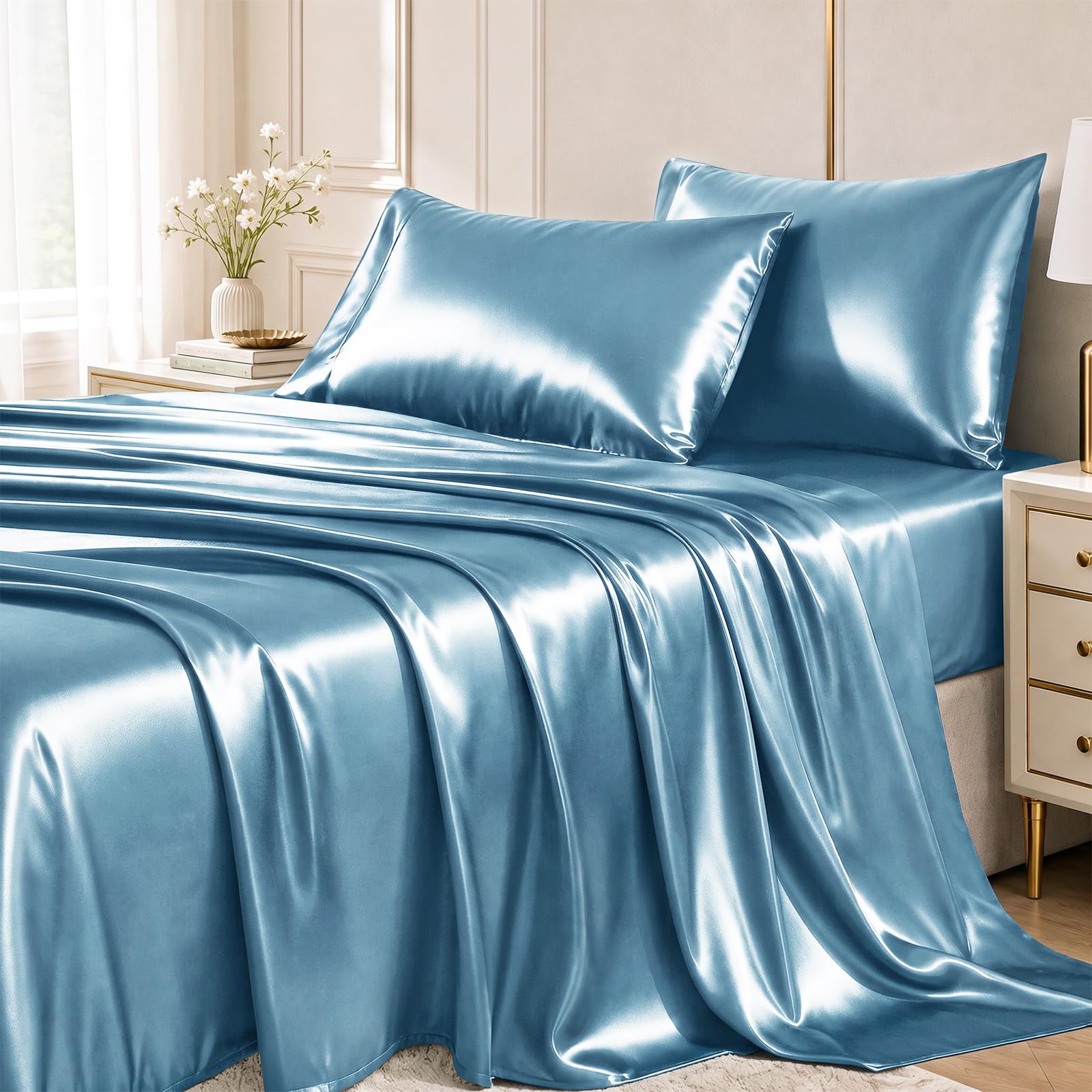CozyLux Satin Sheets Full, 4-Piece 14-Inch Deep Pocket Sheet Set