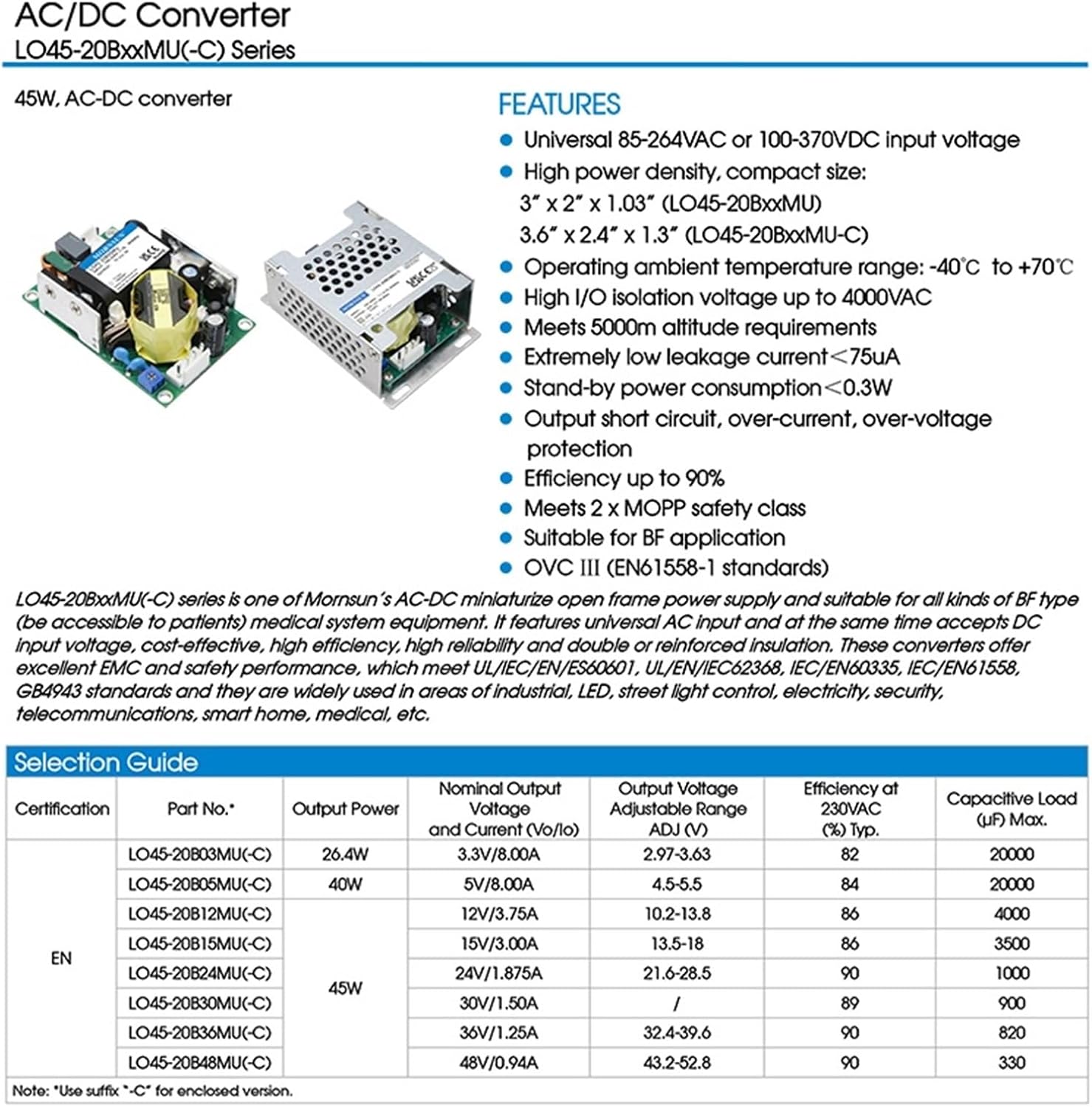 1Pcs AC/DC Converter LO45-20BxxMU-C Series 45W, AC-DC Converter(LO45-20B30MU)
