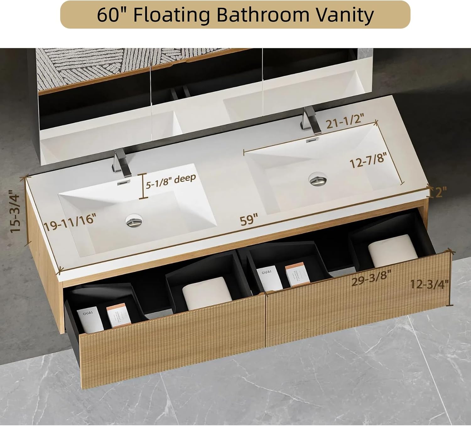 60'' Floating Bathroom Vanity with Sink, Wall-Mounted Bathroom Storage Cabinet with 2 Soft-Close Striped Drawers & Double Solid Surface Basins, Natural Oak Body with Internal Handle, Wood