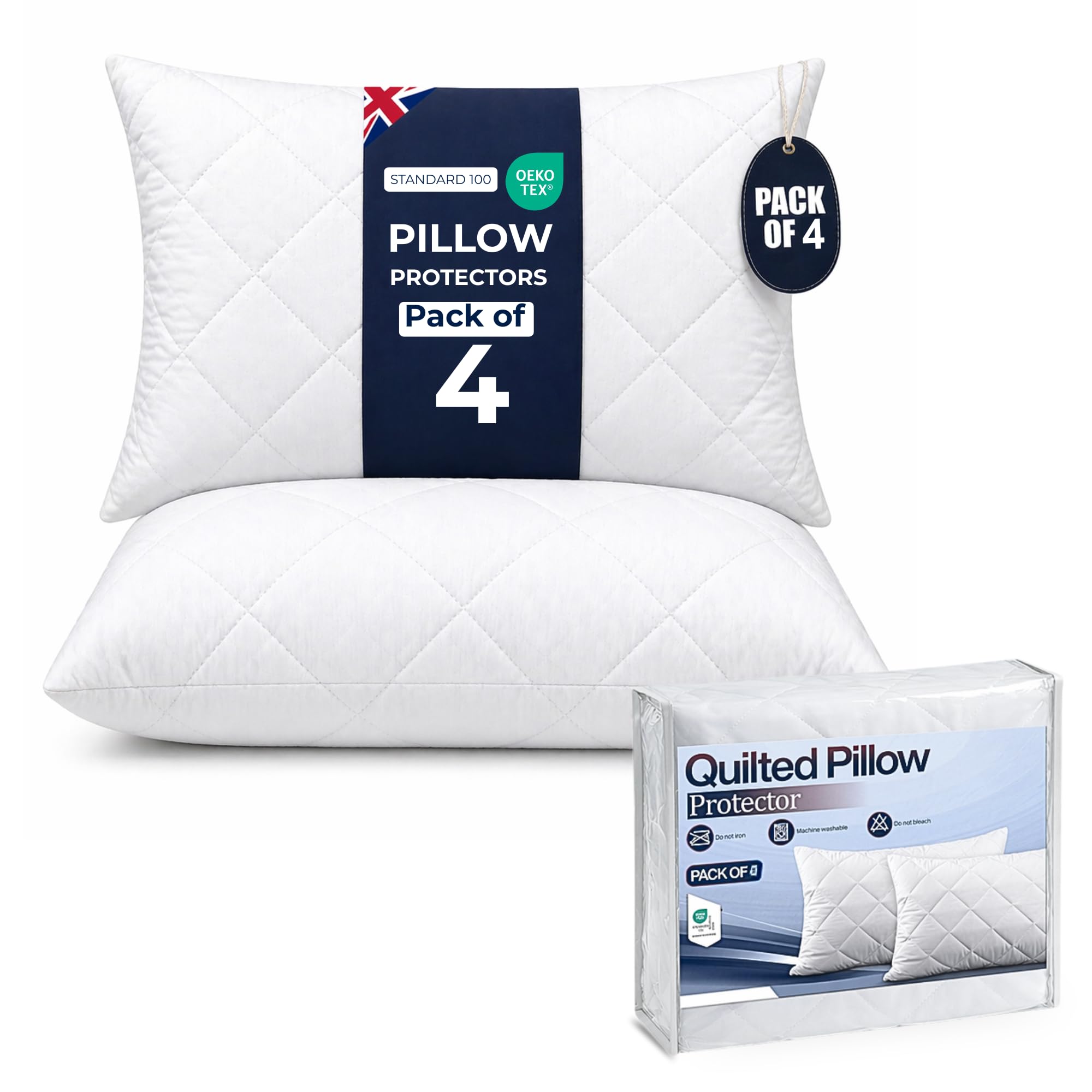 Quilted Pillow Protectors Pack of 4 | OEKO-TEX Certified & Microfibre Pillow Protector with Envelope Closure | Machine Washable, Breathable & Dust Mite Proof Pillowcase Protectors (4 Pack, 50X75cm)