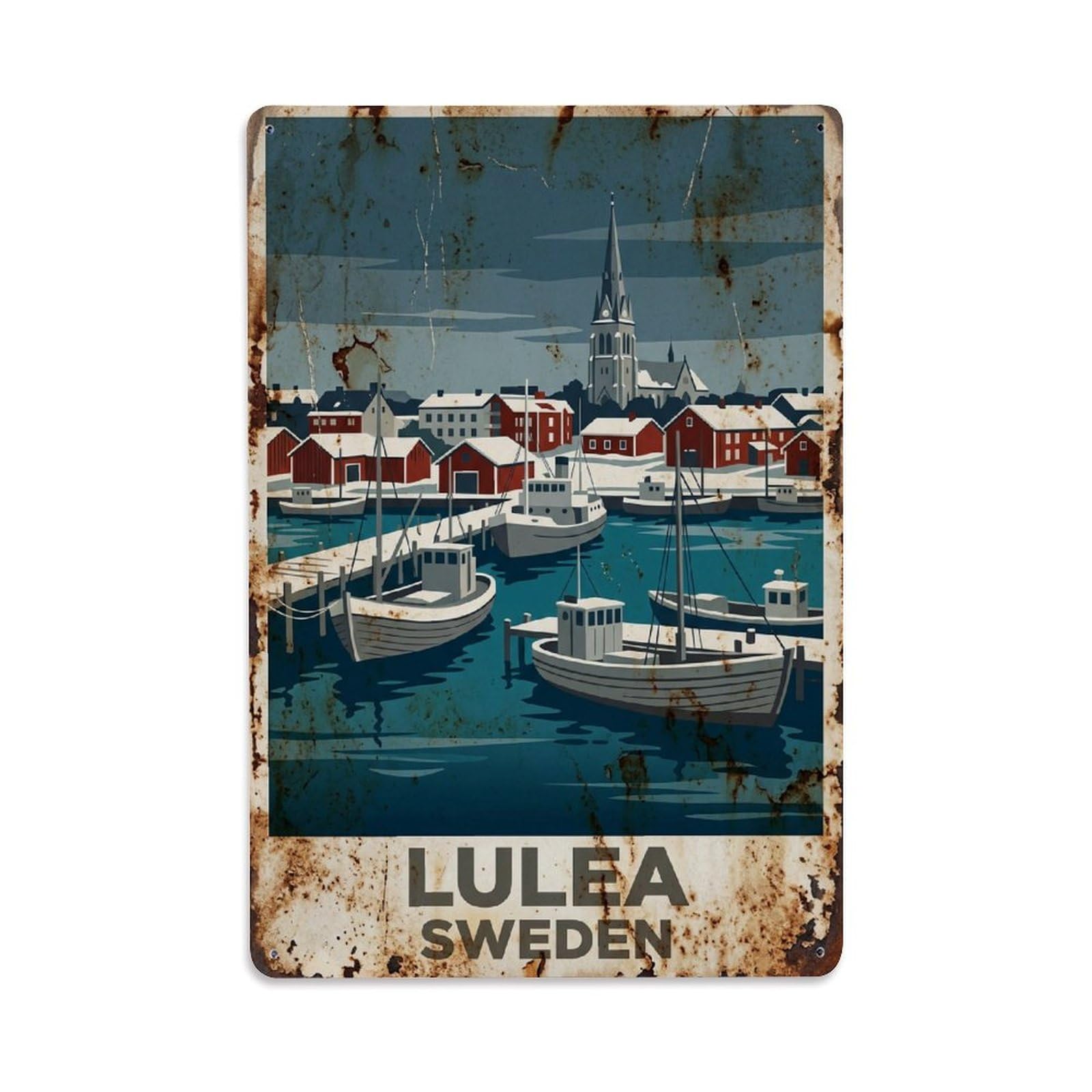 Vintage Travel Lulea Sweden Harbor Metal Tin Sign
