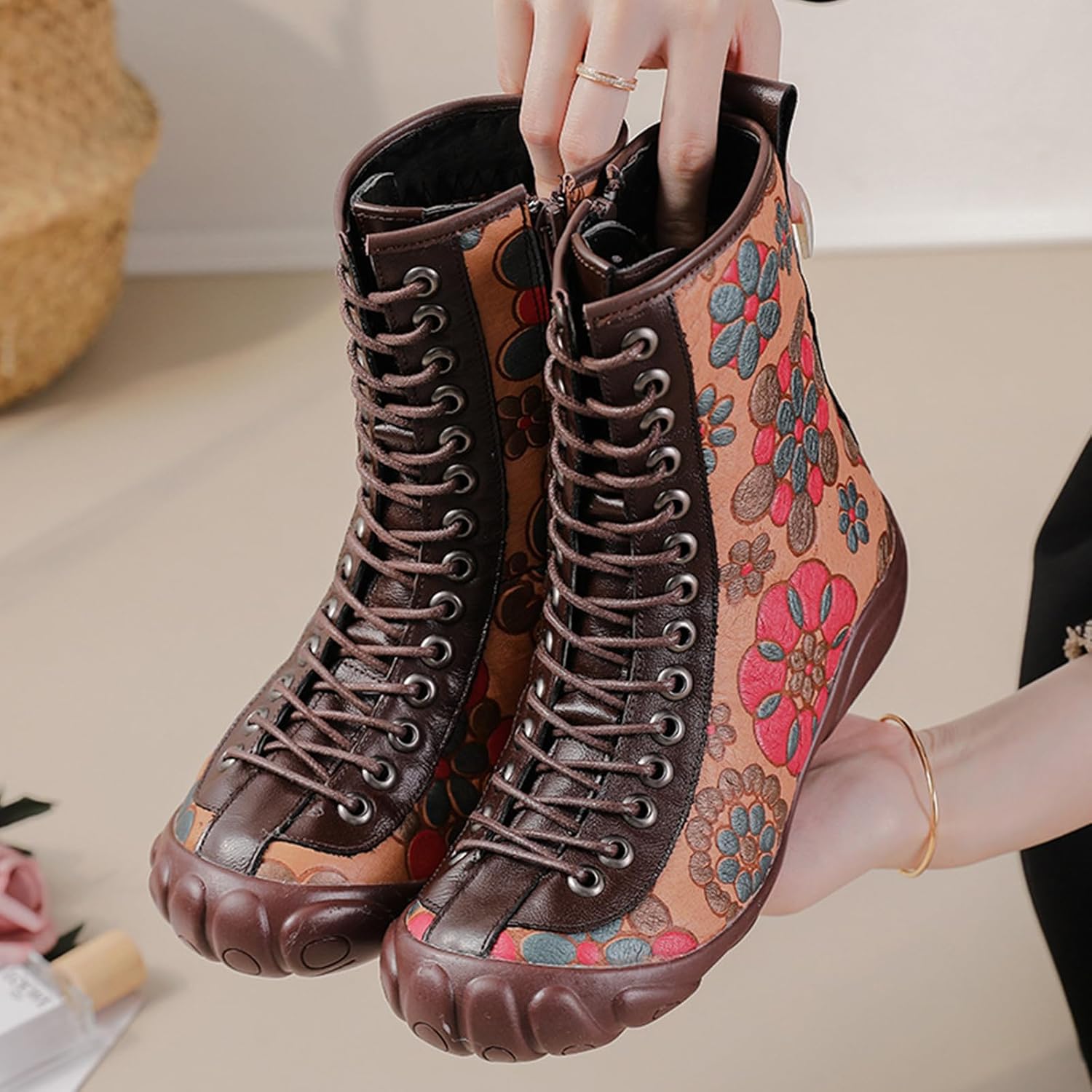 Women's Vintage Leather Ankle-Support Boots,Comfy Waterproof Non-Slip Zip Floral Print Casual Dress High Mid-calf Boot - Image 2
