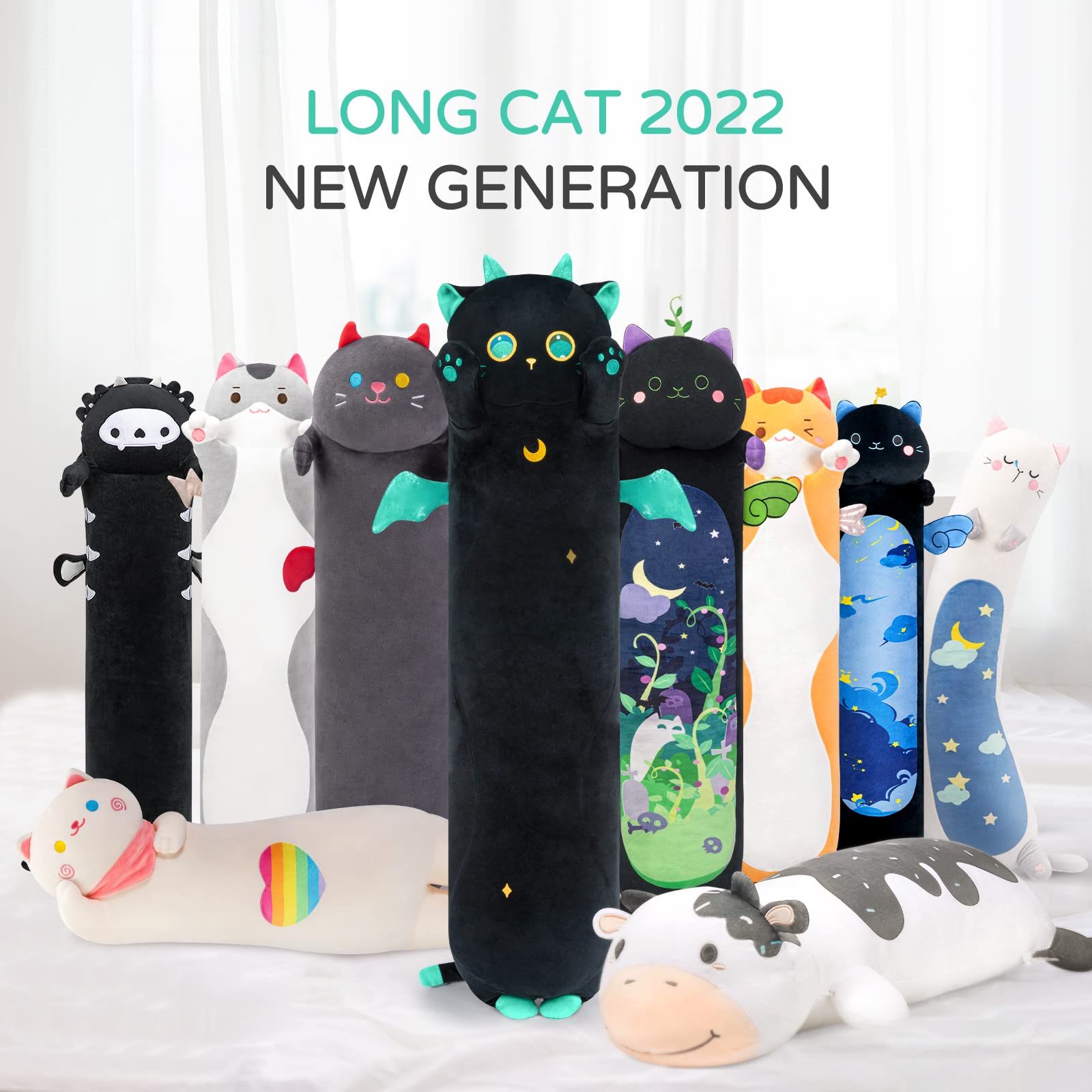 Mewaii Kuscheltier Schwarze Katze 130CM Stofftiere Katzen Plüsch Kissen Plüschtier Lange Katze mit Großen Augen Plüschtier Ausgestopftes Tier Spielzeug Kuschelkissen Geschenk Plüschkissen