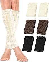 3 Pairs Leg Warmers, Knit Leg Warmer for Women Ladies Men, Y2K Ankle Knee Sleeve for Boot 80s Party Yoga Ballet Dance Ice Skating Accessories, Winter Essential-Wh Blc Br