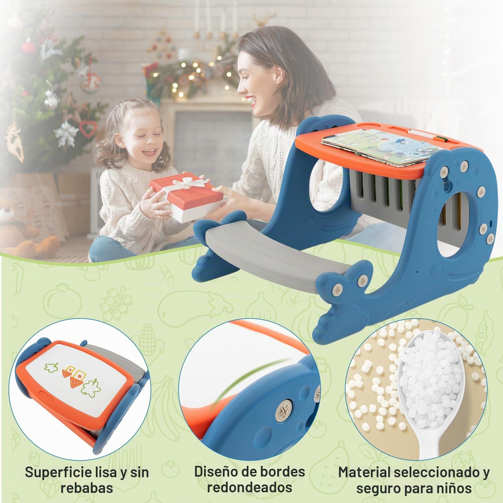 HOMASIS Juego de mesa de actividades y pizarra para niños, Caballete convertible infantil 4 en 1 con banco, Mesa de dibujo con tablero y forma de ballena, para niños más de 1 años, 67x54x39cm, Azul