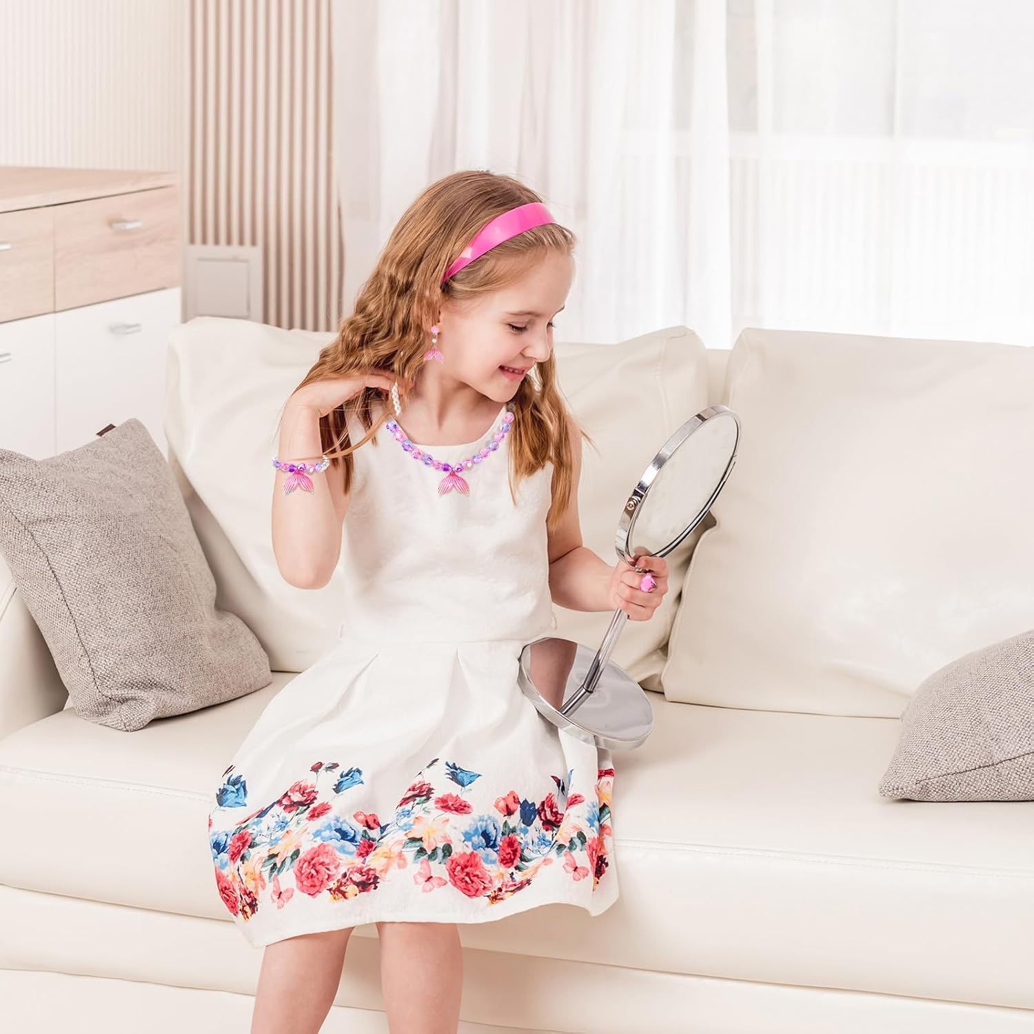 Princess Jewelry for Little Girls, 5 Piece Mermaid Tail Jewelry Set, Stretch Necklace Bracelets Rings and Clip on Earrings, Perfect for Dress Up, Birthday Parties, Costume Play - Image 4