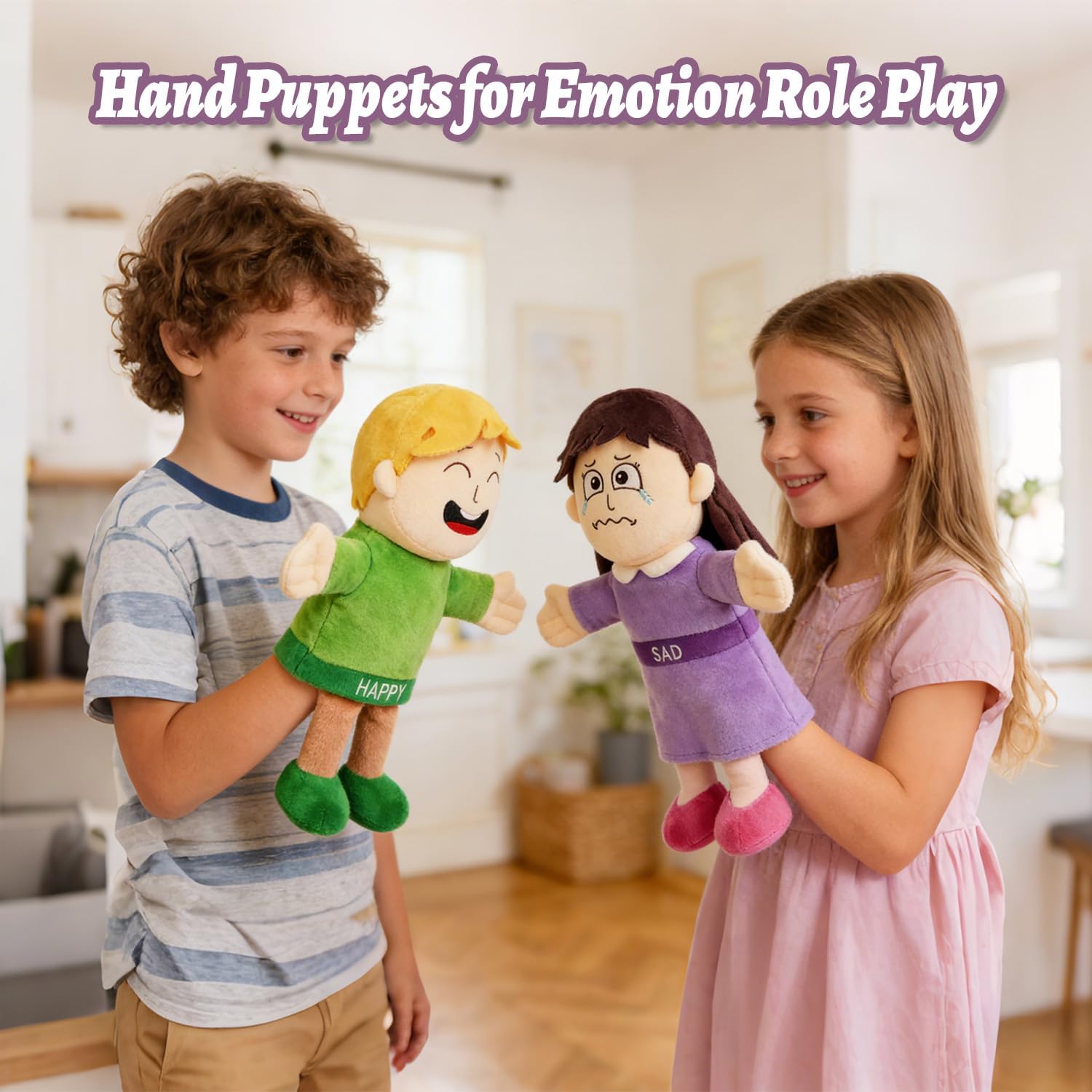 Emotion Hand Puppets, 11.8" Plush Feeling Puppets for Toddlers Kids Ages 4-8, Social Emotional Learning Puppet Toys for Role Play Storytelling, Happy Angry Scared Disgusted Shy Sad Expression(6-Pcs)