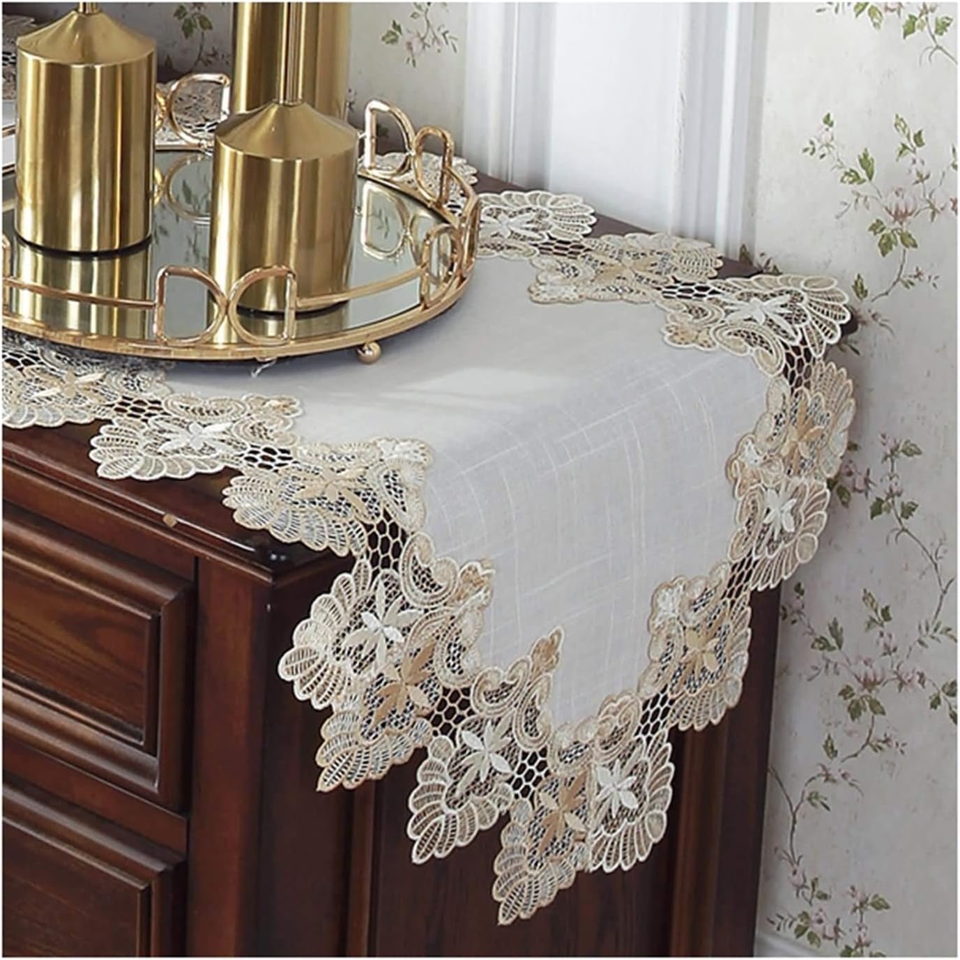 Table Runners Wedding,43x220CM,Hollow Flowers Embroidered with Lace Table Runner Polyester,Rectangle Table Runner White