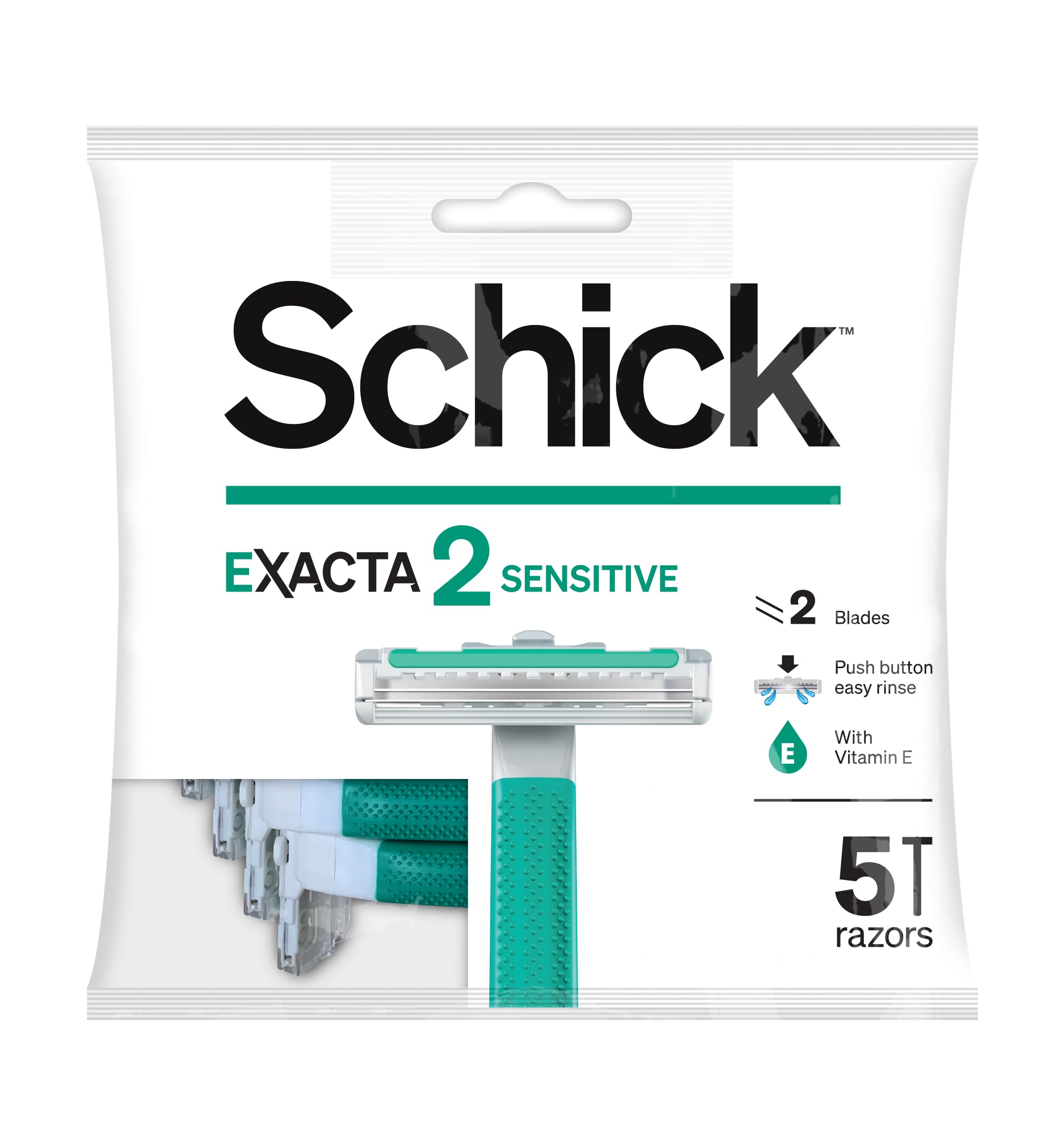Exacta2 Sensitive Twin Blade Disposable Razor For Men-Strip Enriched With Vitamin E & Aloe-Vera-Close & Smooth Shave-Push Cleaning Button-Slim Head-Non Slip Comfortable Rubber Grip- 5 Razors