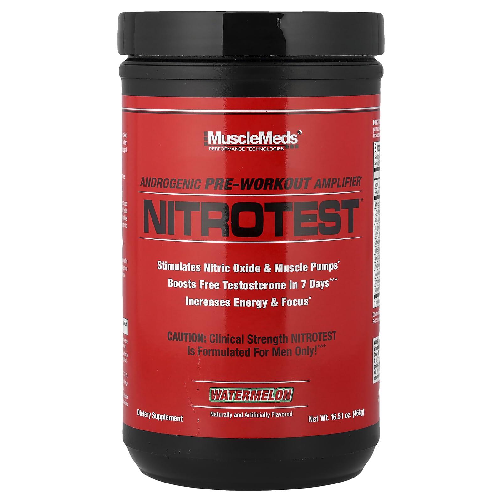 MuscleMedsNitrotest Pre-Workout Supplement Drink, Boost Nitric Oxide, Watermelon, 30 Servings, 1.03 Pound, 1 Count
