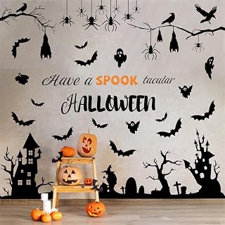 11 Sheets Halloween Wall Decals Vinyl Halloween Wall Stickers Large Removable Halloween Wall Clings Witch Bats Spider Halloween Stickers Halloween Wall Decor DIY Wall Art for Window Door Garage