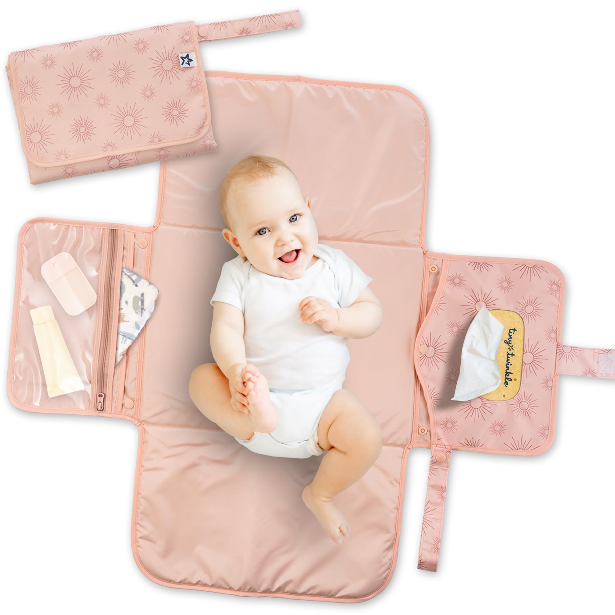 Tiny Twinkle Portable Diaper Changing Pad | Waterproof, Wipeable & Compact Baby Changing Pad for Travel | Smart Wipes Pocket & Organized Storage|