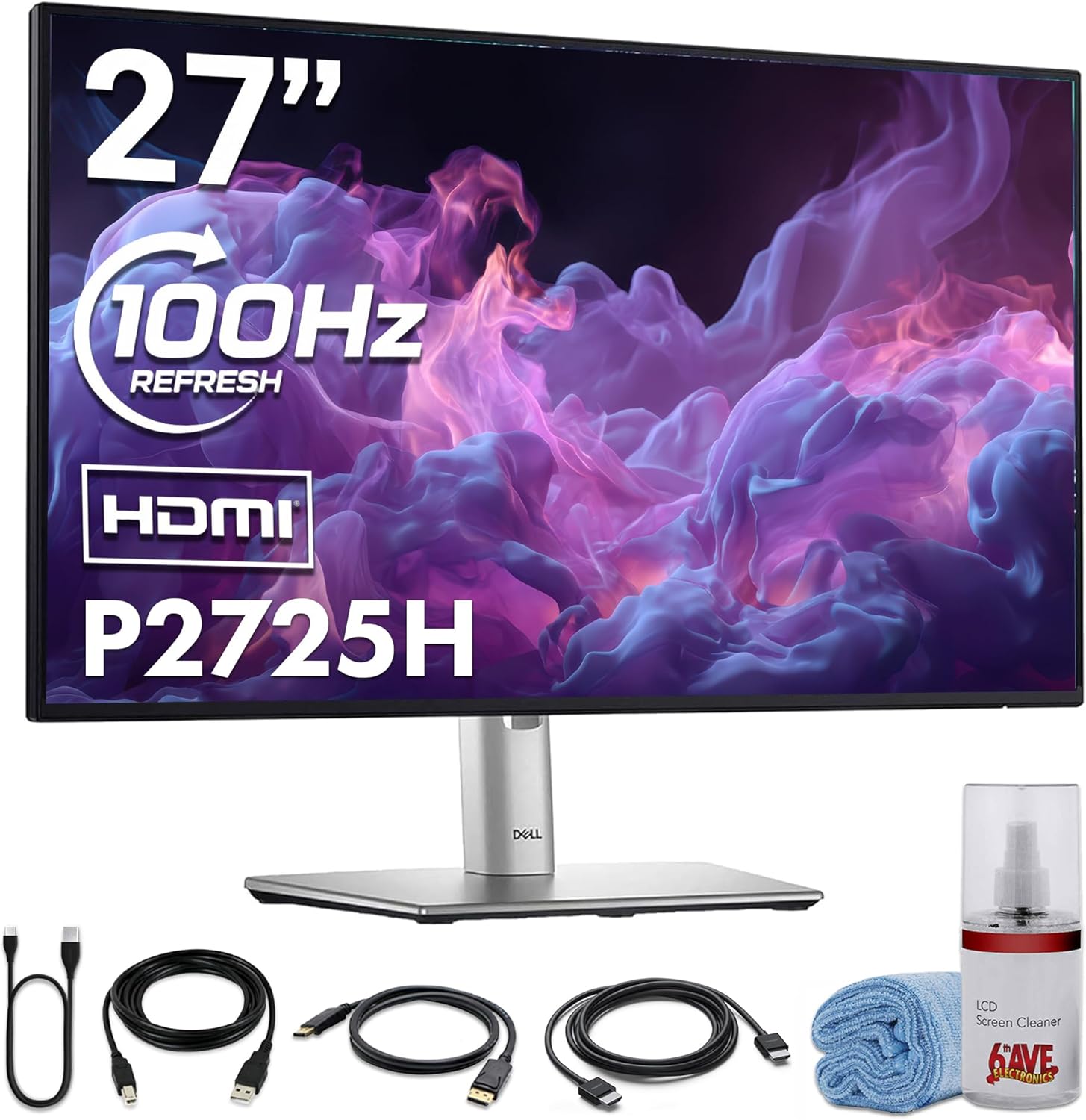 Dell P2725H 27″ Full HD (1920×1080) IPS LED 100Hz Monitor | Comfortview Plus, Height-Adjustable, Anti-Glare Display + USB-C Cable + Cleaning Kit