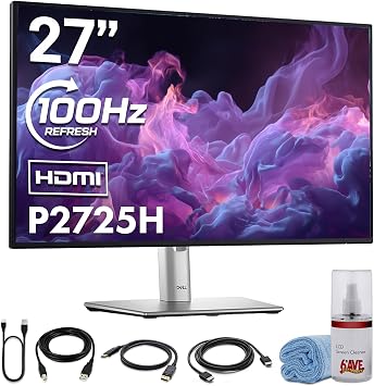 Dell P2725H 27 Full HD 19201080 IPS LED 100Hz Monitor | Comfortview Plus, Height-Adjustable, Anti-Glare Display + USB-C Cable + Cleaning Kit
