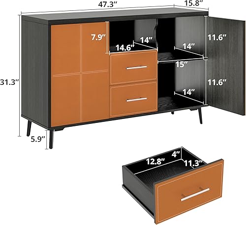 Miniatura 2 de Cozy Castle Aparador de bufé de cuero, gabinete de buffet con almacenamiento abierto, barra de café de madera con 2 cajones, 2 espacios cerrados,
