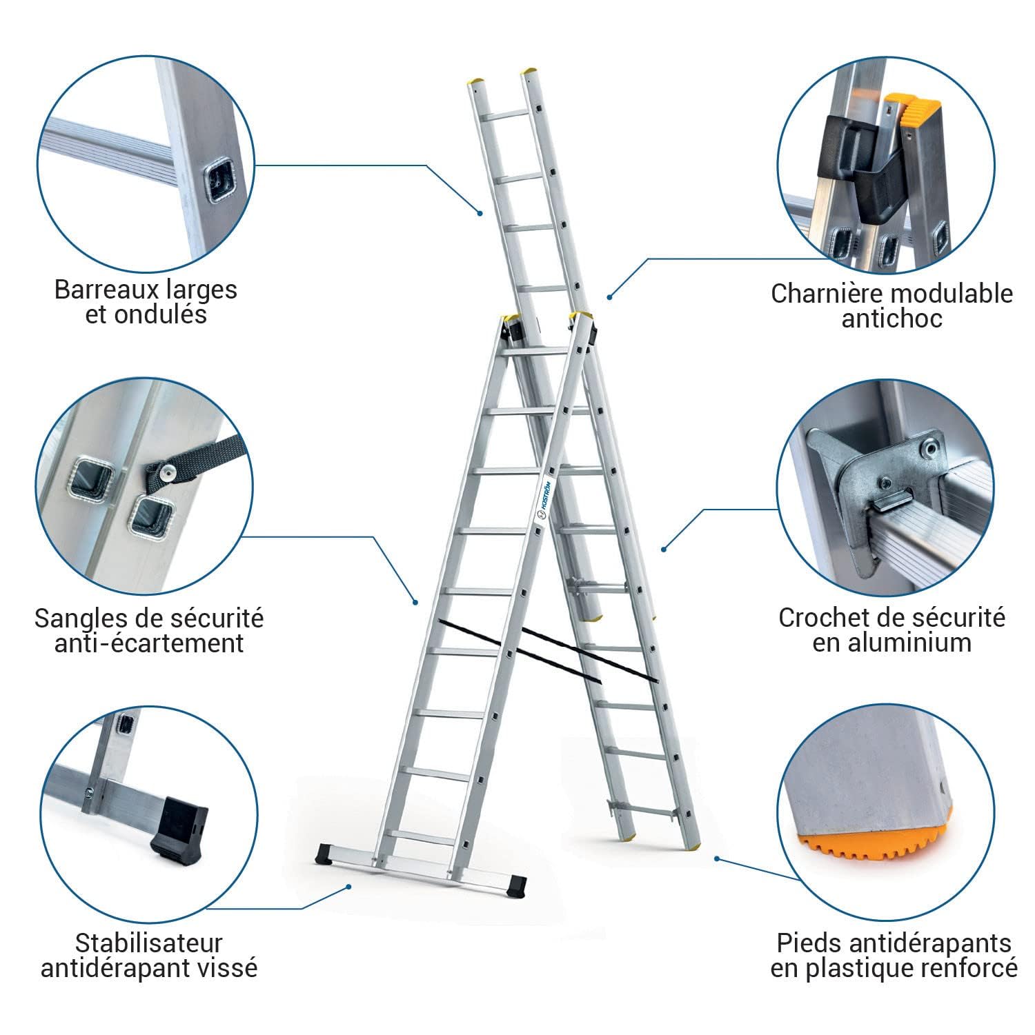HOSTRÖM Echelle Transformable 3 Plans StablePro 3x9 marches Aluminium Extensible coulissante, 6 Positions, Hauteur Travail Max 6,10m, Garantie 5 Ans