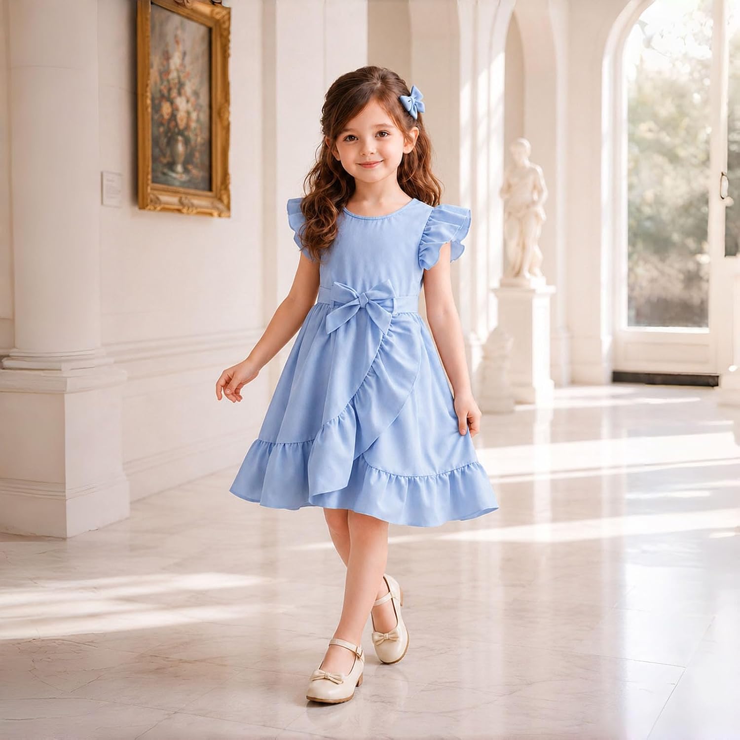 Little Girls Dresses for Summer, Ruffle Sleeve A Line Dress with Belt 4-8 Years