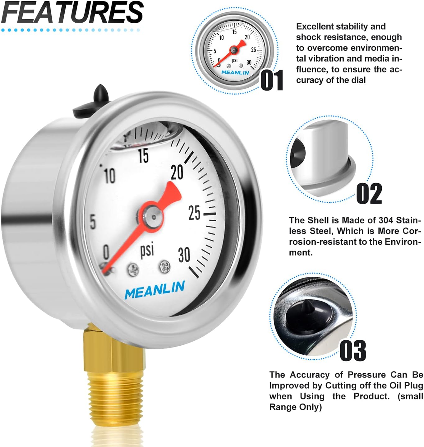 MEANLIN MEASURE 0~30Psi Stainless Steel 1/8" NPT 1.5" FACE DIAL， Glycerin Filled Fuel Pressure Gauge， Liquid Filled Pressure Gauge WOG Water Oil Gas Lower Mount : Industrial & Scientific