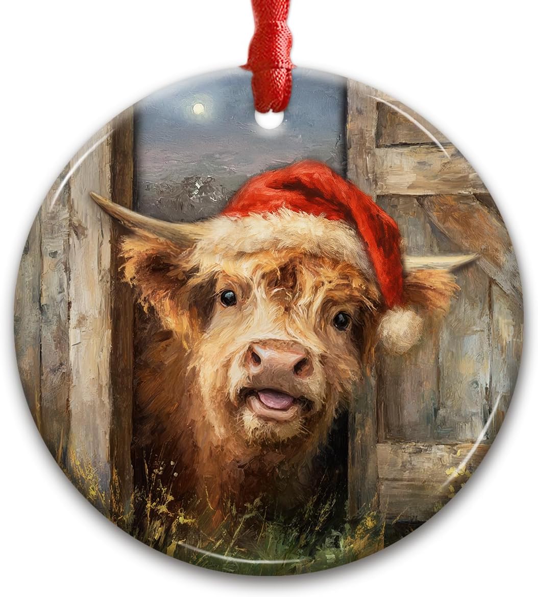 Highland Cow Christmas Ornament 2026 - Cute Farm Animal Peeking with Santa Hat Decoration - Rustic Farmhouse Cattle Decor, Gifts for Cow Lovers, Women, Kids, Family