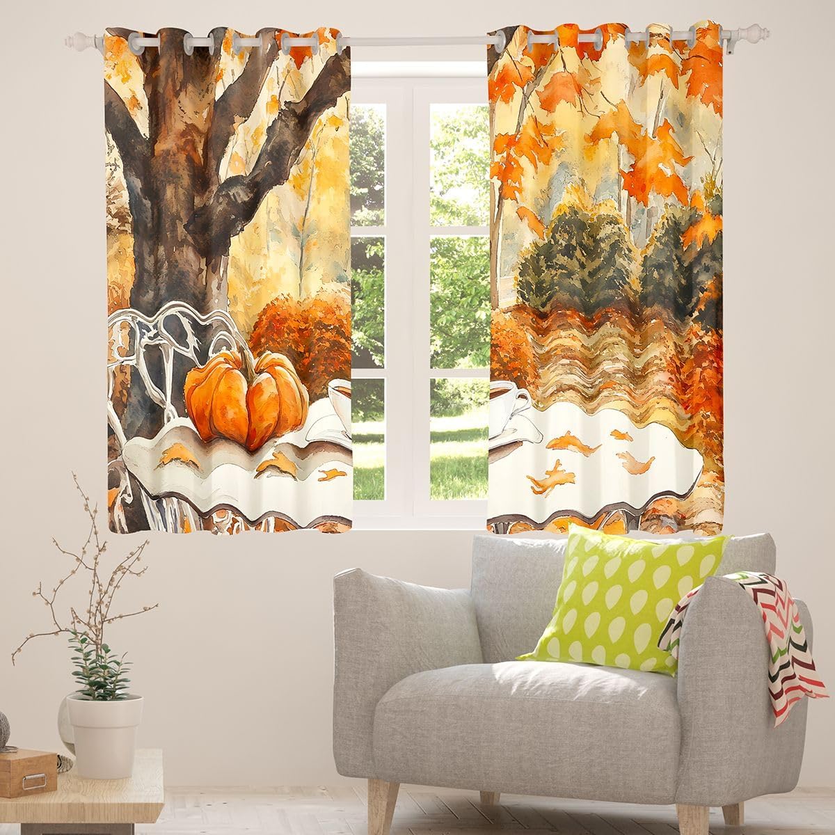 Cartoon Pumpkin Window Curtains Coffee Maple Leaves Dining Table Window Drapes,Vintage Rustic Window Treatments,Orange Kids Girls Room Decor, Grommet Top 2 Panel Set Bedroom Curtains, 42Wx90L inch