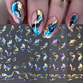 Marble Nail Art Stickers Decals 3D Self-Adhesive Nail Decals Blue Marble Wave Line Nail Design Stickers French Marble Stripe Luxury Nail Art Supplies for Women DIY Manicure Decorations