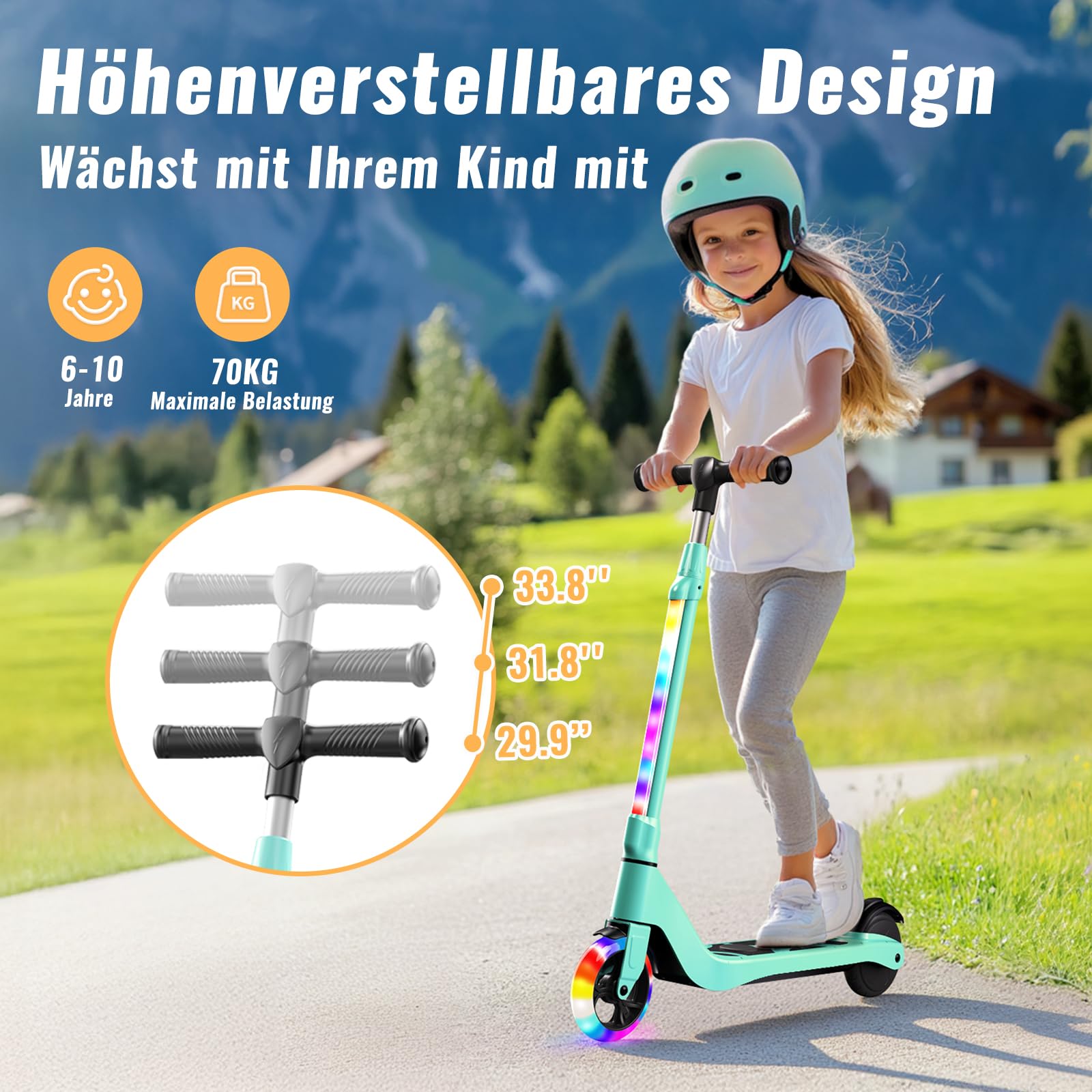 Patinete eléctrico para niños de 6 a 10 años, 5,3 Pulgadas, con Luces LED Intermitentes y 3 Alturas Ajustables, Motor 45 W, máximo 10 km/h, Carga máxima 70 kg